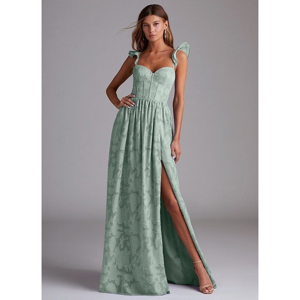Azazie Denisse Agave Green Floral Burnout Maxi Dress Size A12